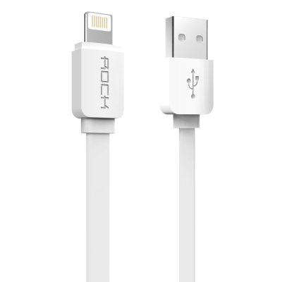 Цветной плоский кабель для зарядки iPhone и iPad Lightning to USB 1m Rock Flat White