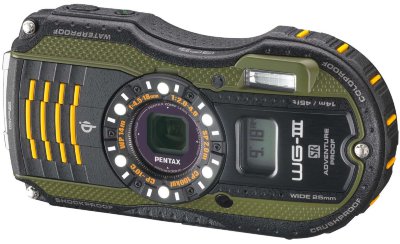 Подводный фотоаппарат Pentax Optio WG-3 GPS Green  Подводный (до 14 м) • ударопрочный (до 2 м) • морозостойкий (до -10°C) • пыленепроницаемый • GPS • барометр • 16 Мпикс • зум 4х • дисплей 3" • видео FullHD 1080p