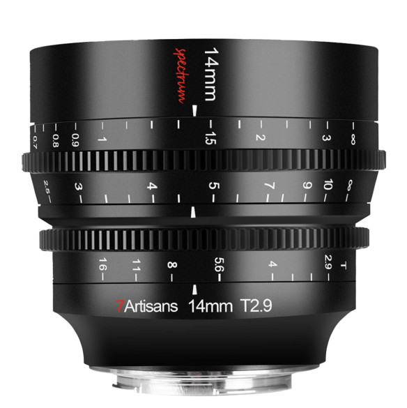 Объектив 7Artisans Spectrum 14mm T2.9 E-Mount  Байонет объектива E-Mount • Покрытие матрицы Fullframe • Фокусное расстояние 14 мм • Фокусировка ручная • Максимальная диафрагма T2,9 • Минимальная диафрагма T16 • Угол зрения диагональ 114° • Зубчатое кольцо
