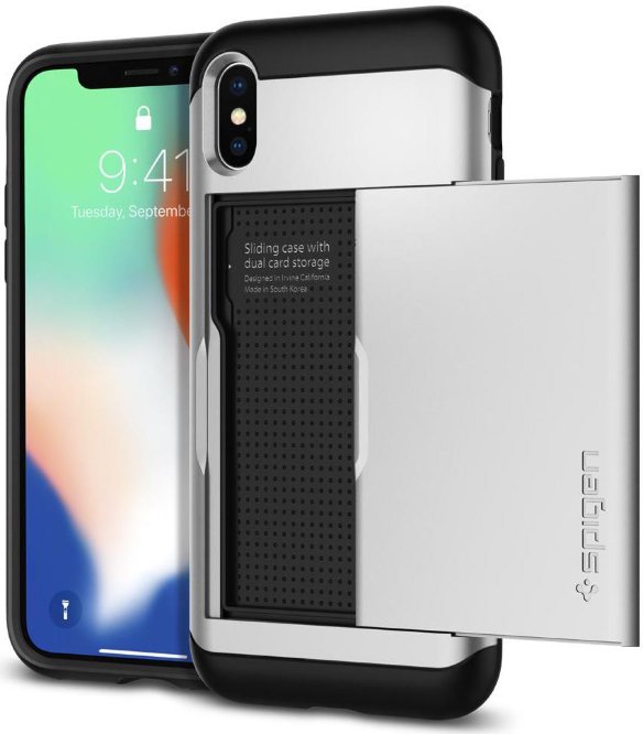 Чехол Spigen для iPhone X/XS Slim Armor CS Silver 057CS22158  Высокопрочный чехол-накладка для полноценной защиты iPhone X с отделением для пластиковых карт