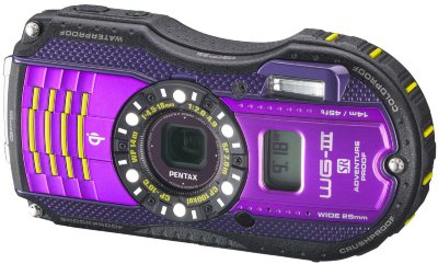 Подводный фотоаппарат Pentax Optio WG-3 GPS Purple  Подводный (до 14 м) • ударопрочный (до 2 м) • морозостойкий (до -10°C) • пыленепроницаемый • GPS • барометр • 16 Мпикс • зум 4х • дисплей 3" • видео FullHD 1080p