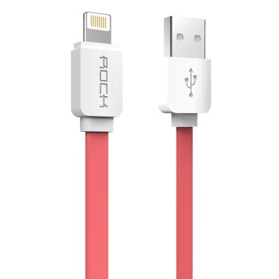 Цветной плоский кабель для зарядки iPhone и iPad Lightning to USB 1m Rock Flat Red