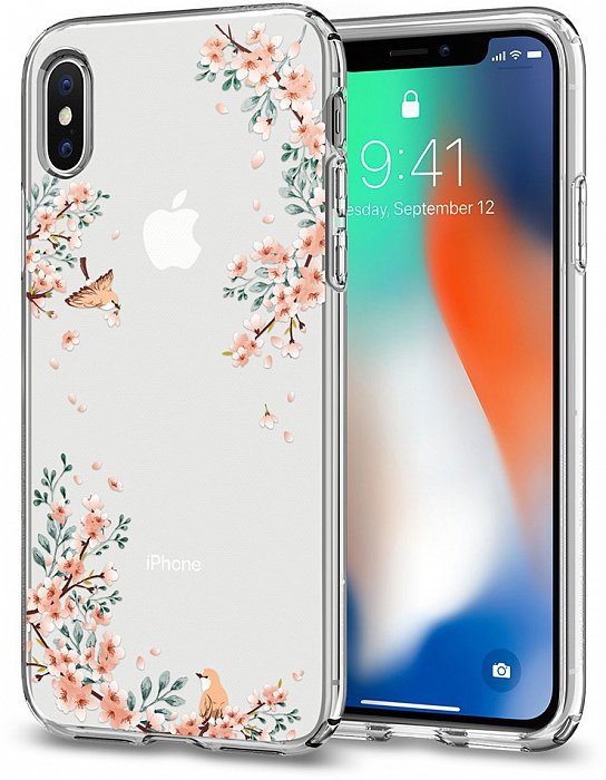 Чехол Spigen Liquid Crystal Blossom Nature для iPhone X/XS (057CS22655)  Оригинальный орнамент • Полностью прозрачный • Не влияет на беспроводную зарядку Qi