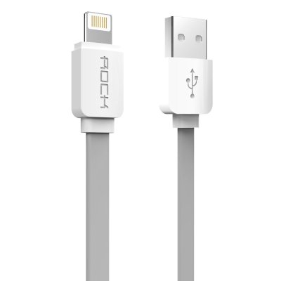 Цветной плоский кабель для зарядки iPhone и iPad Lightning to USB 1m Rock Flat Grey