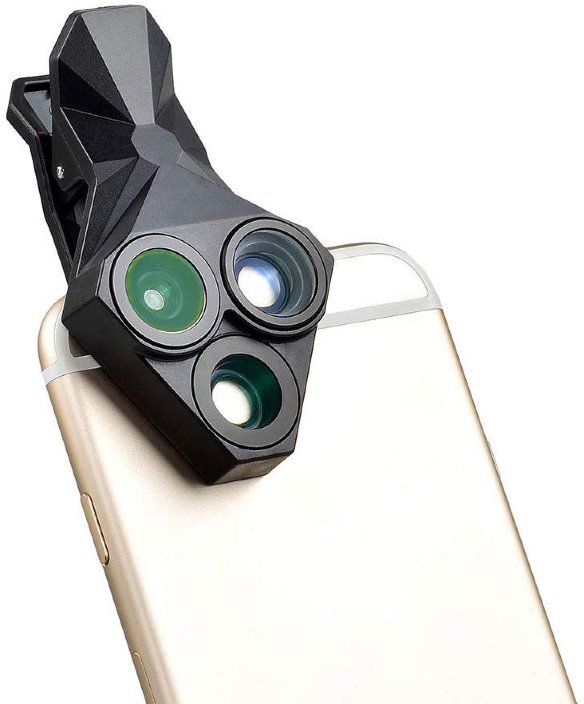 Объектив Triangle Lens 3 in 1 для смартфонов — Fisheye + Macro + Wide Black  Удобная конструкция — все объективы под рукой легко крепится. Позволяет снимать в трех плоскостях - фишай, макро и широкоугольный. Подходит для iPhone и большинства смартфонов.