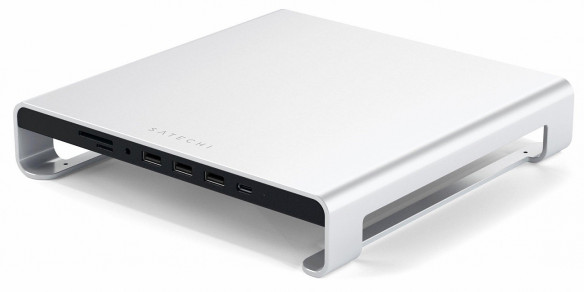 Подставка-док станция Satechi Type-C Aluminum iMac Stand with Built-in USB-C Data Silver для iMac  Подходит для ТВ, ноутбуков и моноблоков • Выполнена из алюминия • Литая конструкция • Выдерживает до 14 кг • Встроенные интерфейсы USB, USB-C, а также слоты для карт памяти