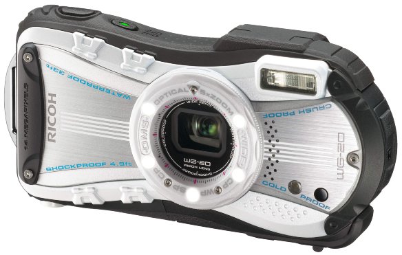 Подводный фотоаппарат Ricoh WG-20 White  Подводный (до 10 м) • ударопрочный (до 1,5 м) • морозостойкий (до -10°C) • пыленепроницаемый • 14 Мпикс • зум 5х • дисплей 2,7" • видео 720p