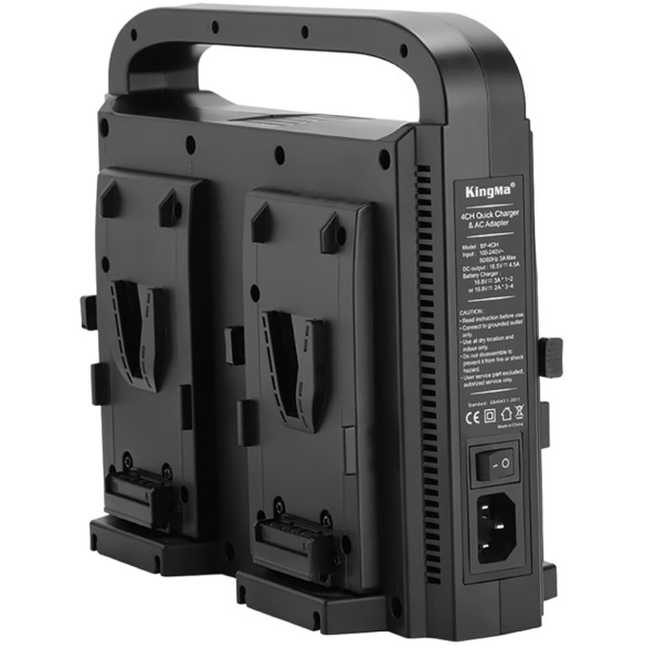 Станция питания Kingma BP-4CH для V-mount  Вид аккумулятора V-mount • Количество слотов 4 шт • Порты DC, XLR • Вход 100-240В,.50-60 Гц • Выход 16,5В/4.5A • Мощность (макс) 74.25 Вт