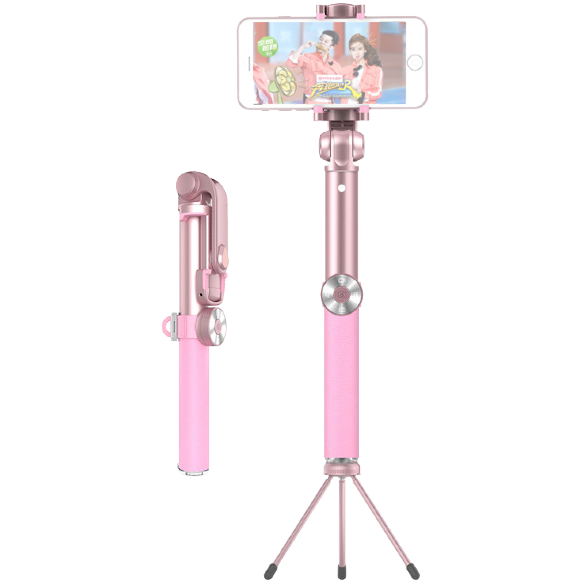 Селфи-монопод Wo New Leather Selfie Stick Pink  В комплекте три объектива для мобильной съёмки • Металлическая тренога • Отсоединяемый пульт управления с функциями фото, видео и зума