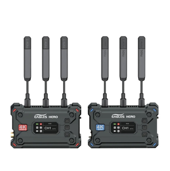 Видеосендер Eagles Hero Saturn S  Варианты трансляции TX - 4 RX, TX - 2 RX + 2 app • Комплект видеосендера RX + TX • Передача сигнала 2.4G + 5G • Рабочая дистанция 400 м • Задержка 50 мс • Питание сетевой адаптер, NP-F • Встроенный дисплей, активное охлаждение • Мощность приёмника 8 Вт • Видеоразъемы приёмника: BNC (3G-SDI), HDMI 1.4b • Мощность передатчика 11 Вт • Дополнительные функции: RTMP
