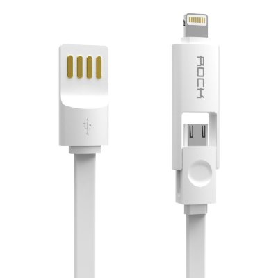 Цветной плоский комбо-кабель 2 в 1 для зарядки iPhone и других телефонов Lightning+micro USB to USB 1m Rock Combo Cable White