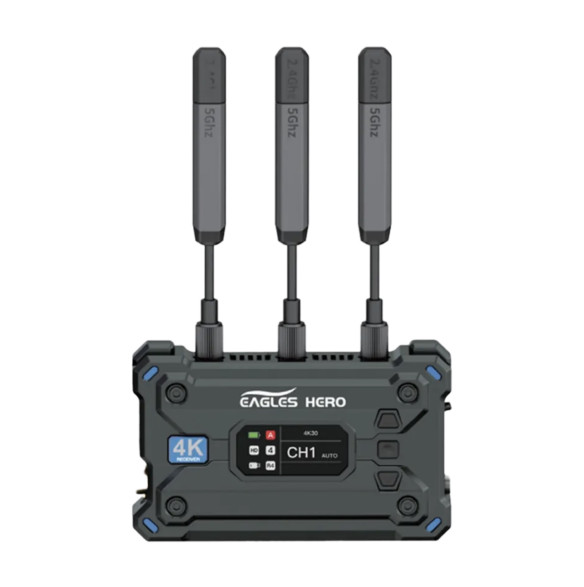 Приёмник Eagles Hero Saturn S RX  Варианты трансляции TX - 4 RX, TX - 2 RX + 2 app • Комплект видеосендера RX • Передача сигнала 2.4G + 5G • Рабочая дистанция 400 м • Задержка 50 мс • Питание сетевой адаптер, NP-F • Встроенный дисплей, активное охлаждение • Мощность приёмника 8 Вт • Видеоразъемы приёмника BNC (3G-SDI), HDMI 1.4b • Дополнительные функции RTMP
