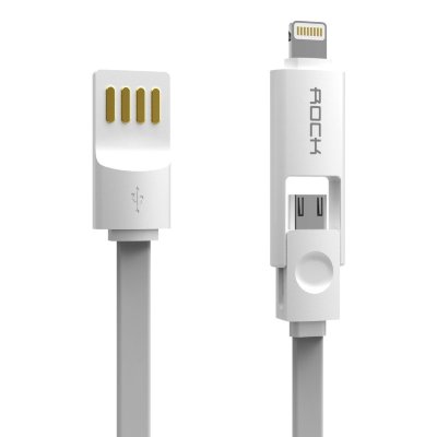 Цветной плоский комбо-кабель 2 в 1 для зарядки iPhone и других телефонов Lightning+micro USB to USB 1m Rock Combo Cable Grey