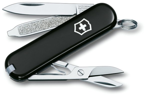 Нож Victorinox Classic Black 0.6223.3  Лезвие • Пилочка для ногтей • Ножницы • Кольцо для ключей • Пинцет • Зубочистка