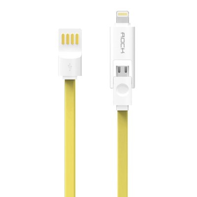 Цветной плоский комбо-кабель 2 в 1 для зарядки iPhone и других телефонов Lightning+micro USB to USB 1m Rock Combo Cable Yellow
