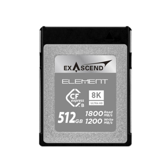 Карта памяти Exascend Element CFexpress Type B 512GB  Тип памяти 3D TLC • Интерфейс PCI-Express 3.0 • Вид накопителя CFExpress Type B • Объём памяти 512 Гб • Скорость чтения 1800 МБ/с • Скорость записи 1200 мб/с