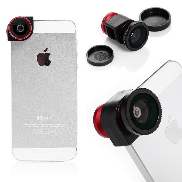 Объектив 3 в 1 Red для iPhone 5/5S угловой  (Fisheye + Macro + Wide)  Объектив для iPhone 5/5S — три в одном • позволяет снимать сразу в трех плоскостях - фишай, макро и широкоугольный • крепится на угол iPhone 5/5S