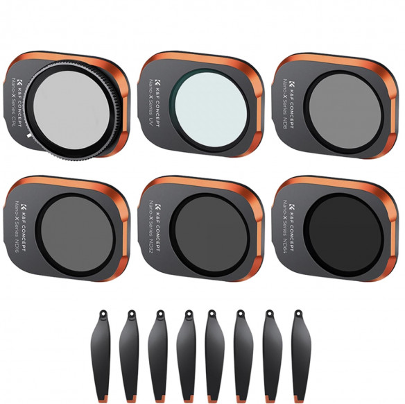 Комплект светофильтров K&amp;F Concept для DJI Mini 3 Pro (6 шт+лопасти)  • Линз в комплекте:	6 шт • Вид фильтра:	ND нейтральный, UV ультрафиолетовый, CPL круговой поляризационный