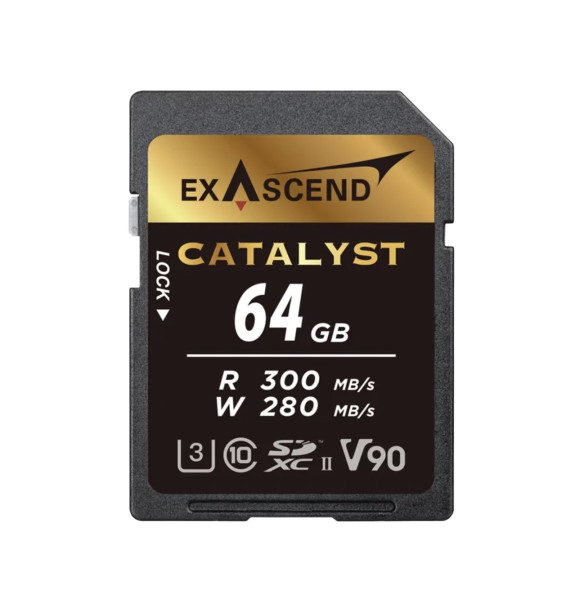 Карта памяти Exascend SDXC Catalyst UHS-II SD V90 64GB  Интерфейс UHS-II • Вид накопителя SDXC • Объём памяти 64 Гб • Скорость чтения 300 мб/с • Скорость записи 280 мб/с • Класс скорости UHS U3 • Класс скорости записи видео V90 • Класс скорости C10 • Температурный диапазон от -25 до 85°C