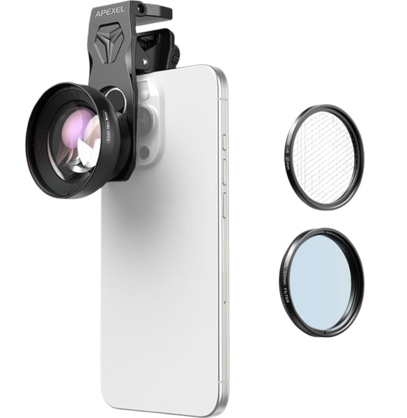 Объектив Apexel 100mm Ultra Macro + CPL, Star 6 для смартфона  Особенности конструкции олеофобное покрытие • Фокусное расстояние 100 мм • Байонет объектива 17 мм • Тип объектива Macro (макро) • Конструкция 5 элементов в 4 группах • Минимальная дистанция фокусировки 25 мм
