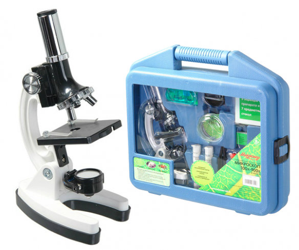 Микроскоп Микромед 100x-900x в кейсе  микроскоп для юного биолога • Металлические основание и держатель тубуса • Большая рукоятка