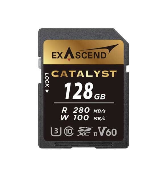Карта памяти Exascend SDXC Catalyst UHS-II SD V60 128GB  Интерфейс UHS-II • Вид накопителя SDXC • Объём памяти 128 Гб • Скорость чтения 280 МБ/с • Скорость записи 100 мб/с • Класс скорости UHS U3 • Класс скорости записи видео V60 • Класс скорости C10 • Температурный диапазон от -25 до 85°C