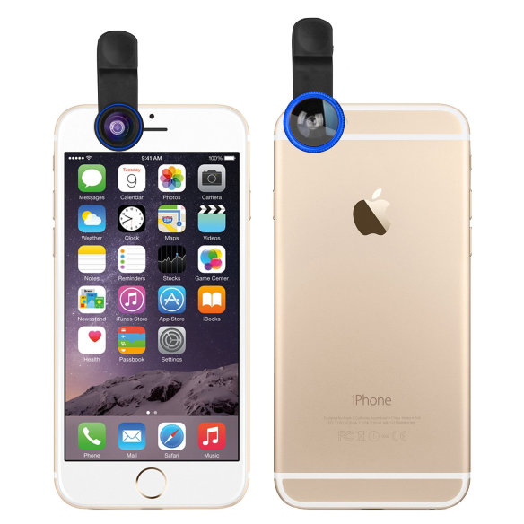 Объектив на клипсе 3 в 1 для iPhone и других телефонов — Fisheye + Macro + Wide Blue  Универсальный объектив 3 в 1 на клипсе-прищепке • легко крепится • позволяет снимать в трех плоскостях - фишай, макро и широкоугольный • подходит для iPhone и большинства смартфонов