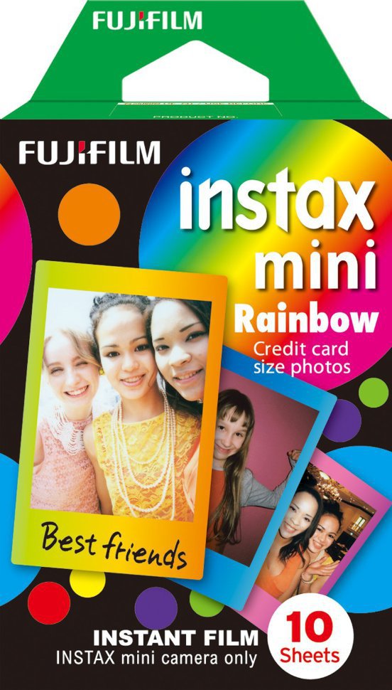 Картридж (кассета) FujiFilm Colorfilm Instax Mini Rainbow 10 фото для Instax Mini 9/8/7S/25/50S/70/90/Hello Kitty  Разноцветная серия Rainbow c радужным оформлением • Набор на 10 кадров • размер фотографии: 86 x 54 мм • Для Fujifilm Instax серии Mini и Polaroid Pic 300