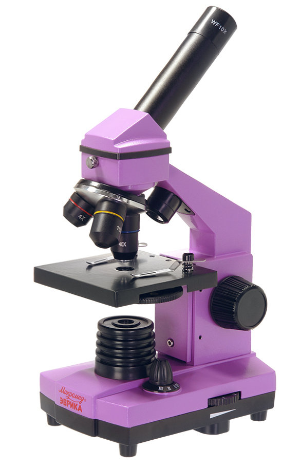 Микроскоп школьный Эврика 40х-400х в кейсе (аметист)  Микроскоп поставляется в кейсе • Встроенные осветители • Оптические элементы из стекла и металлическая конструкция • Осветители имеет регулировку яркости