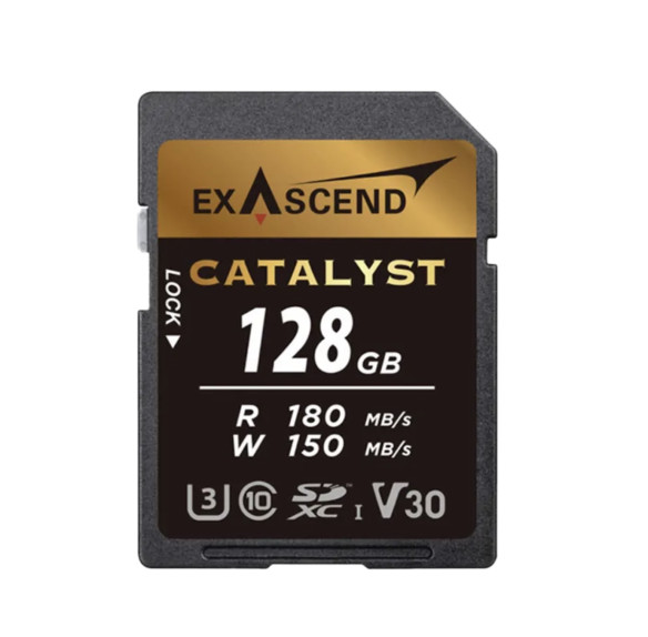 Карта памяти Exascend SDXC Catalyst UHS-I SD V30 128GB  Тип памяти 3D TLC • Интерфейс UHS-I • Вид накопителя SDXC • Объём памяти 128 Гб • Скорость чтения 180 МБ/с • Скорость записи 150 мб/с • Класс скорости UHS U3 • Класс скорости записи видео V30 • Класс скорости C10 • Температурный диапазон от -25 до 85°C