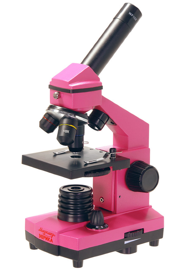 Микроскоп школьный Эврика 40х-400х в кейсе (фуксия)  Микроскоп поставляется в кейсе • Встроенные осветители • Оптические элементы из стекла и металлическая конструкция • Осветители имеет регулировку яркости