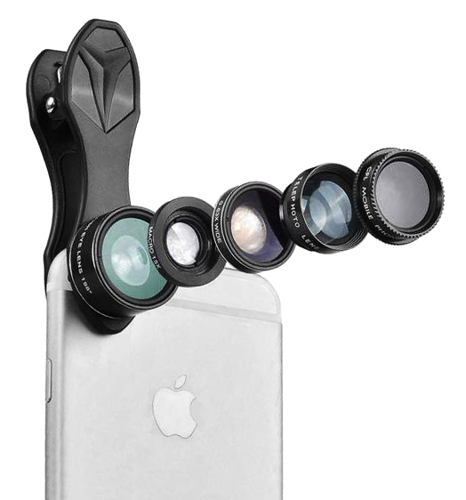 Комплект объективов Apexel 5-in-1 DG5H для смартфонов  • Телескоп 2X • Макро 15X • Fisheye 198°• Широкоугольный 0.63X • Поляризационный фильтр • Байонет объектива: