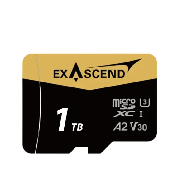 Карта памяти Exascend SDXC Catalyst UHS-I microSD V30 1TB + адаптер SD  Тип памяти 3D TLC/QLC • Интерфейс UHS-I • Вид накопителя SDXC, microSDXC • Объём памяти 1 Тб • Скорость чтения 175 МБ/с • Скорость записи 150 мб/с • Класс скорости UHS U3 • Класс скорости записи видео V30 • Класс скорости C10 • Температурный диапазон от -25°C ~ 85°C