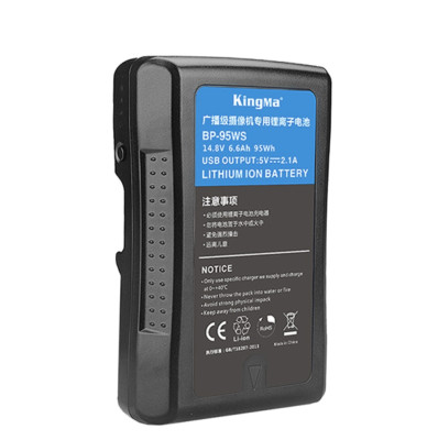 Аккумулятор KingMa BP-95WS V-Mount 95Wh  Вид аккумулятора : V-mount • Ёмкость аккумулятора : 6600 мАч • Напряжение :	14.8 В • Энергия аккумулятора : 95 Втч • Выход D-Tap : 16.8В, 80 Вт/6 А • Выход USB :	5В, 10 Вт/2.1 А • Порты :	USB, D-Tap (P-Tap)