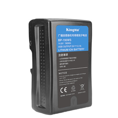 Аккумулятор KingMa BP-190WS V-Mount 190Wh  Вид аккумулятора : V-mount • Ёмкость аккумулятора :	13200 мАч • Напряжение :	14.8 В • Энергия аккумулятора :	190 Втч • Вход :	16.8 В/ 6А • Выход D-Tap :	16.8В, 80 Вт/6 А • Выход USB :	5В, 10Вт/2.1 А • Порты :	USB, D-Tap (P-Tap)