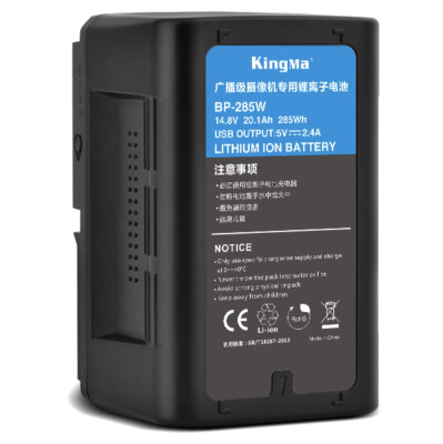 Аккумулятор KingMa BP-285W V-Mount 285Wh  Вид аккумулятора : V-mount • Тип аккумулятора :	Li-ion (литий-ионный) • Ёмкость аккумулятора :	20100 мАч • Напряжение :	14.8 В • Энергия аккумулятора :	285 Втч • Артикул производителя :	BP-285W • Порты :	USB, D-Tap (P-Tap)