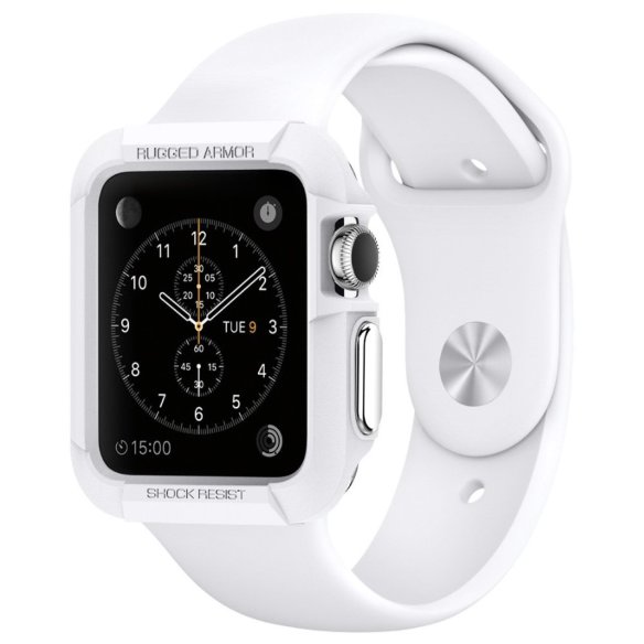 Защитный чехол Spigen для Apple Watch (38mm) Rugged Armor, белый (SGP11486)  Защитный чехол из полиуретана. Спасет Apple Watch от ударов и падений. В комплекте 2 защитных пленки.
