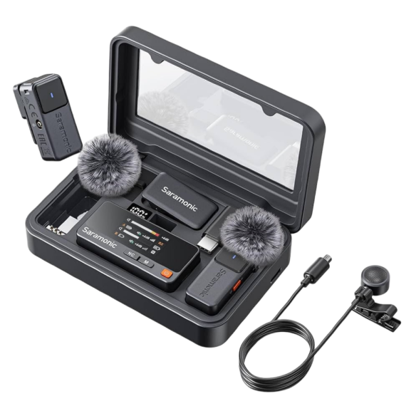 Радиосистема Saramonic Air (+ петличные микрофоны)  Радиосистема Saramonic Air (+ петличные микрофоны)  Подключение mini Jack 3.5 мм TRS, Type-C • Аудиовход для петличного микрофона Air встроенный • Передача сигнала 2.4G • Запись звука моно/стерео • Подключение наушников • Управление через приложение • Фильтр низких частот • Встроенный дисплей • Аккумулятор кейса 1300 мАч • Встроенный аккумулятор