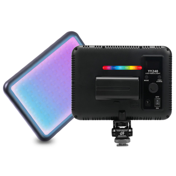 Осветитель DigitalFoto YY240-RGB  • Компактный и легкий • RGB • Цветовая температура: 2500 — 8500 К • Мощность (макс): 14 Вт • Светодиоды: 240 шт • Яркость:	2200 лк