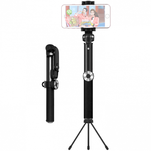Селфи-монопод с набором объективов Wo New Leather Selfie Stick Black  В комплекте три объектива для мобильной съёмки • Металлическая тренога • Отсоединяемый пульт управления с функциями фото, видео и зума 
